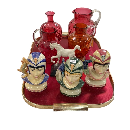 5 - Three Kevin Francis 'Queens of the Nile' character jugs, Beswick horse and four pieces of ruby glass... 