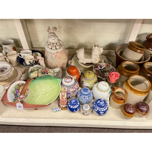 78 - Full shelf of china and glass including blue and white, Spode Italian, ginger jars, Portmeirion, hat... 