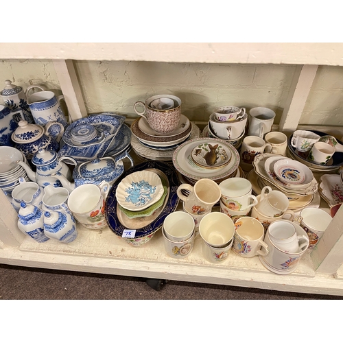 78 - Full shelf of china and glass including blue and white, Spode Italian, ginger jars, Portmeirion, hat... 