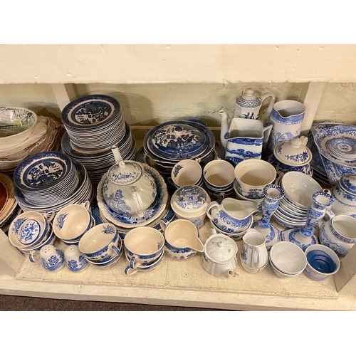 78 - Full shelf of china and glass including blue and white, Spode Italian, ginger jars, Portmeirion, hat... 