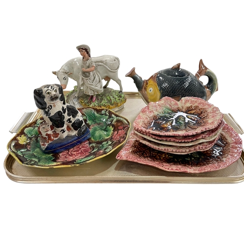 8 - Majolica dishes, fish teapot and two Staffordshire pieces.