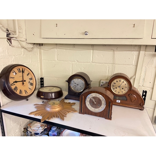 82 - Three arch top mantel clocks, two Bakelite clocks and Sunburst clock.