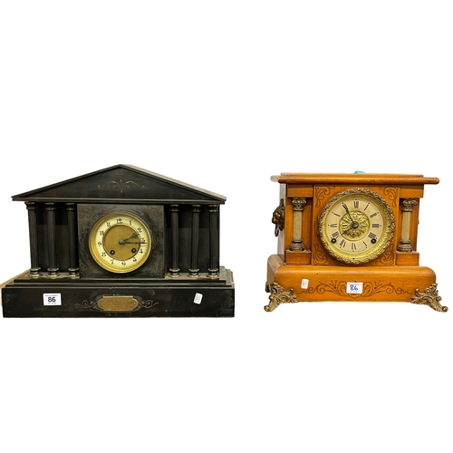 86 - Slate mantel clock and wooden brass mounted mantel clock.