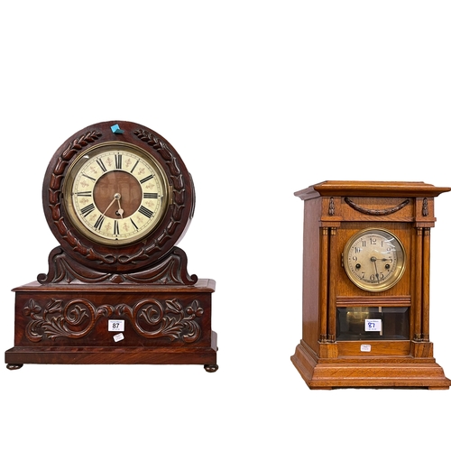 87 - Mahogany cased mantel clock with enamel dial and oak cased mantel clock.