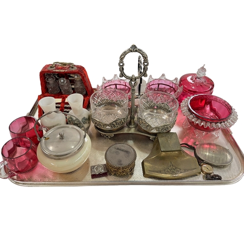 9 - Tray lot with ruby glass, EP preserves, two Appleby vases, Arts & Crafts inkstand and sewing set.