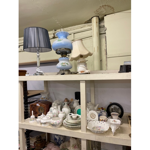 92 - Three table lamps, Aynsley and other china, radio, clock, etc.