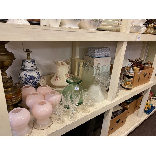 94 - Two oil lamps, table lamp, shades, assorted glass and china, etc.