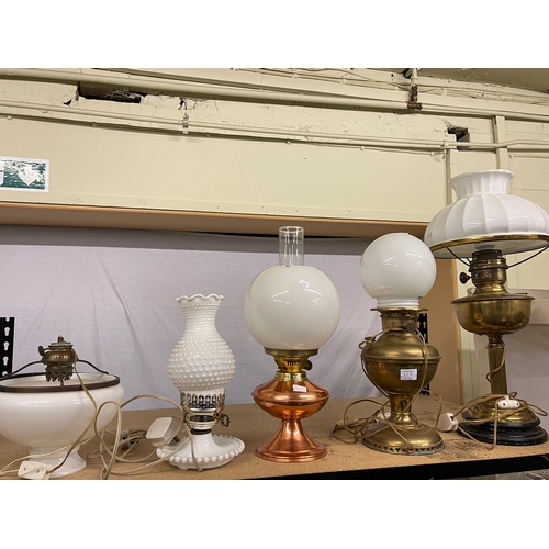 113 - Five various lamps, Victorian glass oil lamp base, brass trivet and Adderley's bone china table serv... 