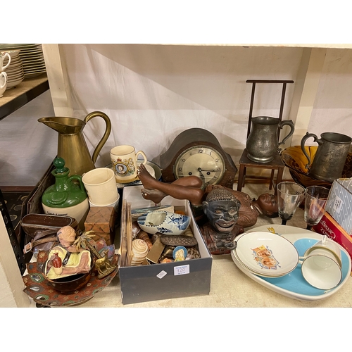 120 - Full shelf of china, metalware, brass jam pan, camera equipment, mantel clock, etc.