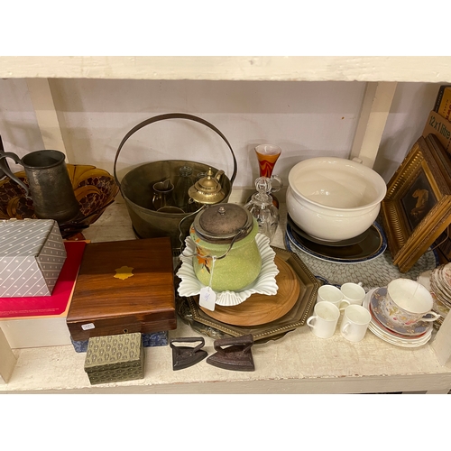 120 - Full shelf of china, metalware, brass jam pan, camera equipment, mantel clock, etc.