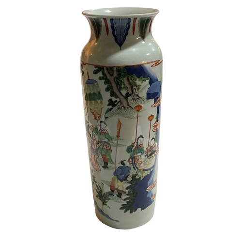 148 - Large Chinese sleeve vase decorated with figures and animals in landscape, 46cm high.