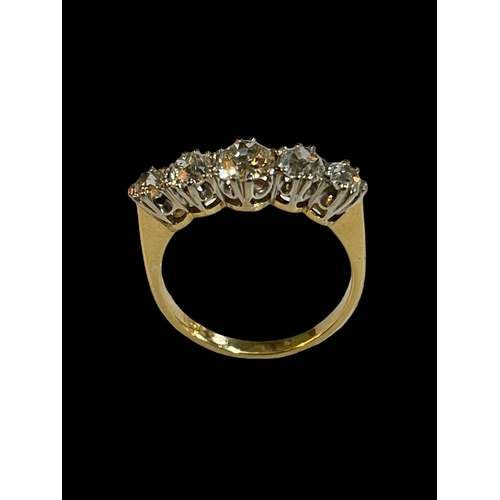 168 - 18 carat yellow gold five stone diamond ring with rose cut graduated diamonds set in platinum, diamo... 