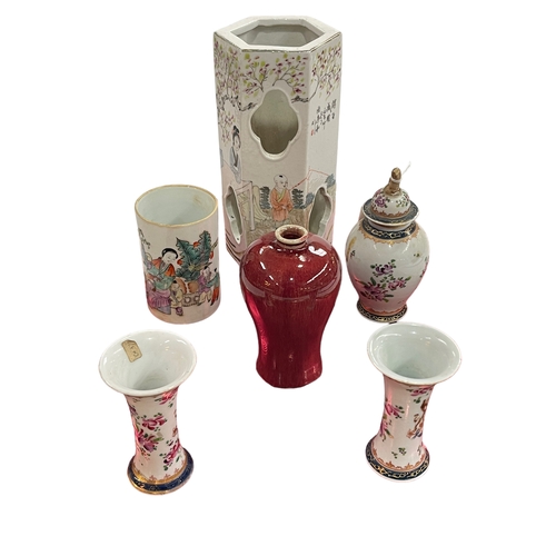 17 - Chinese Sang de Boeuf vase, brush washed, pair of vases, lidded vase and hexagonal vase (6).