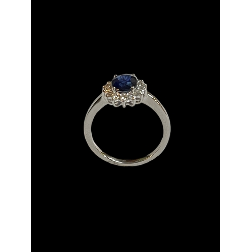 172 - 18 carat white gold, sapphire and diamond cluster ring, size O.