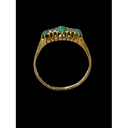 195 - Turquoise and diamond 18 carat gold ring, size R.