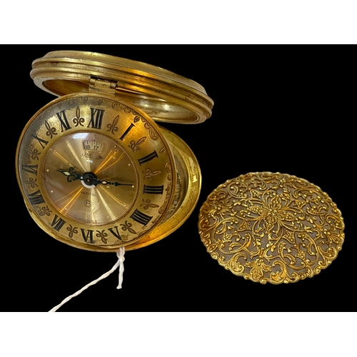 210 - Vintage Jaeger (Le Coultre) Recital alarm clock in ornate gilt filigree case, 7.5cm diameter (possib... 