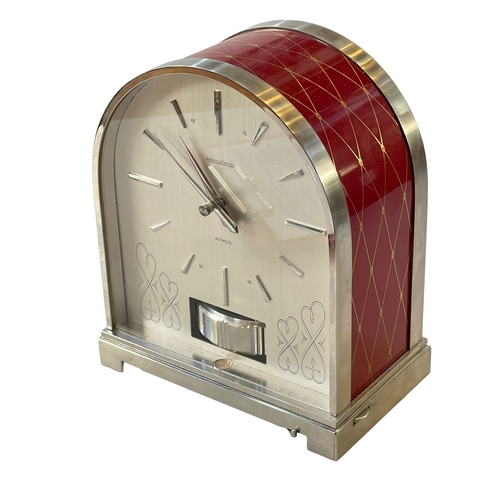 220 - Jaeger Le Coultre chrome/stainless Atmos clock, arched case with baton numerals, 21cm high, 11cm dep... 