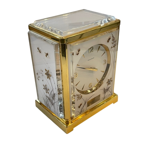 221 - Jaeger Le Coultre gilt brass White Bee Marina Atmos clock, plexi panels, 23cm high, 14cm depth, with... 