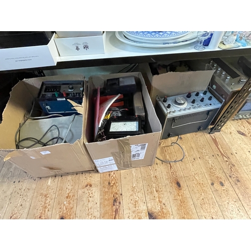 31 - Large collection of vintage electrical equipment including angle poise lamps, oscilloscope, Farnell ... 