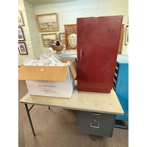 317 - Two vintage metal multi-drawer index cabinets, two drawer desk and single door cabinet (4).