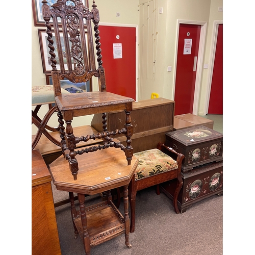 320 - Victorian carved oak side chair, octagonal table, piano stool and two floral painted trunks (5).