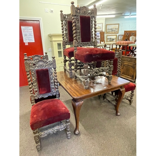 325 - Early 20th Century mahogany cabriole leg dining table and set of six Victorian carved oak dining cha... 