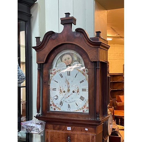 353 - Early 19th Century mahogany and line inlaid eight day longcase clock having painted arched moon phas... 