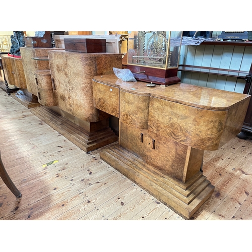 371 - Art Deco burr walnut twelve piece dining suite comprising two door sideboard, two door cabinet, two ... 