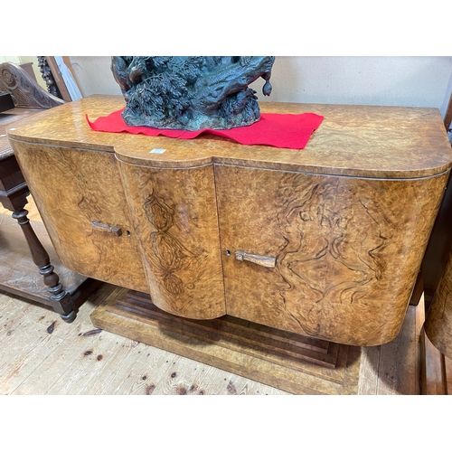 371 - Art Deco burr walnut twelve piece dining suite comprising two door sideboard, two door cabinet, two ... 