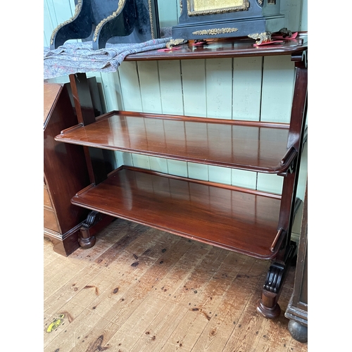 380 - Victorian mahogany three tier buffet, 119cm by 119cm by 51cm.