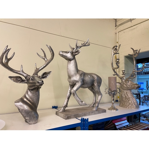 83 - Large silvered stag, stag bust and two stag candle holders.