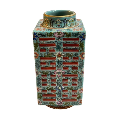 175 - Chinese square form famille rose vase with floral pattern on turquoise ground, blue seal mark to bas... 