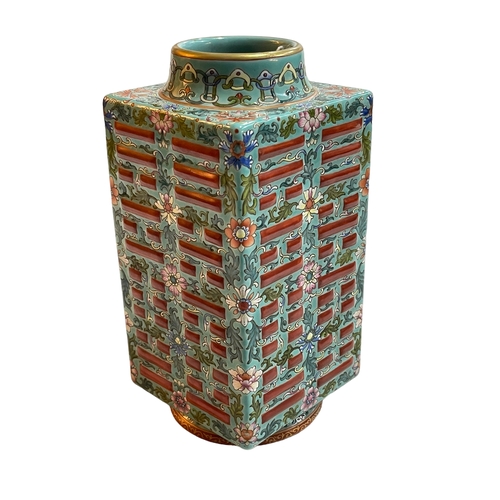 175 - Chinese square form famille rose vase with floral pattern on turquoise ground, blue seal mark to bas... 