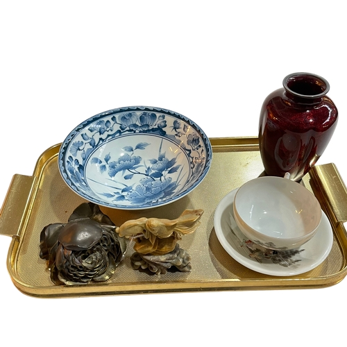 177 - Oriental blue and white bowl, Japanese enamel vase, inkwell, soapstone fish carving and eggshell cup... 