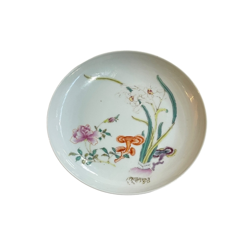 179 - Chinese porcelain saucer dish decorated with narcissus, rose and fungus, six character mark to base,... 