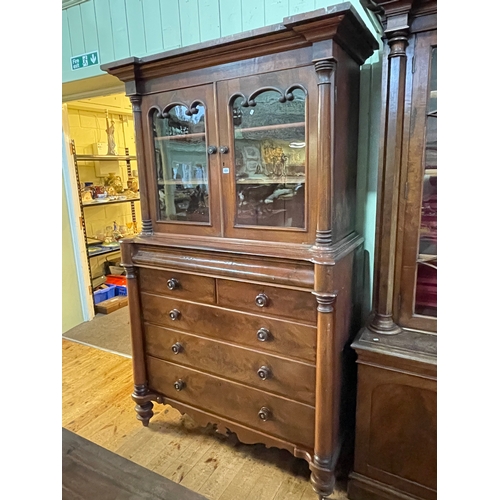 404 - Victorian mahogany press having two glazed panel doors above a base of six drawers, 212cm by 129cm b... 