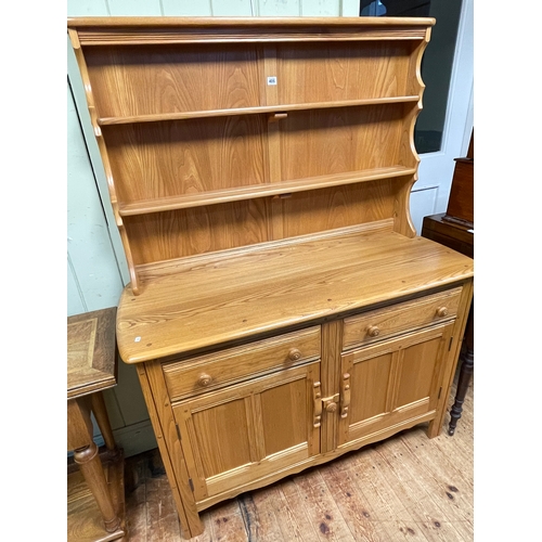 406 - Ercol elm Old Colonial shelf back dresser, 161cm by 122cm by 49cm.