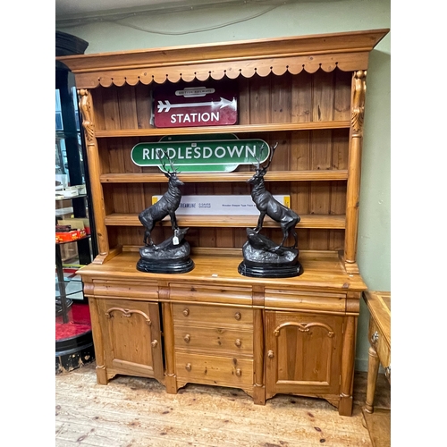 407 - Continental pine shelf back dresser, 210cm by 179cm by 50cm.