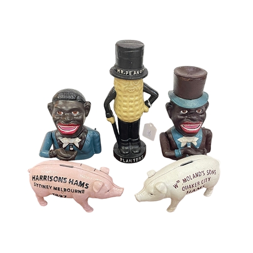 10 - Five novelty money boxes including two Jolly Boy Bank, Harrison Hams, Wm Moland's Son, etc.