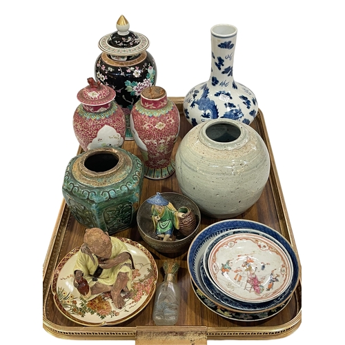 11 - Collection of Oriental wares including blue and white dragon vase, ginger jars, lidded vases, etc.