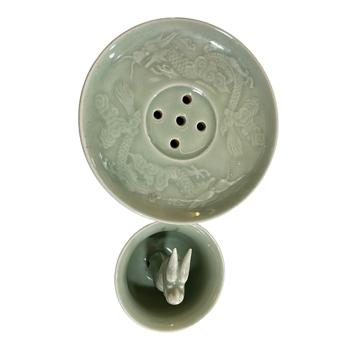 165 - Japanese Celadon dragon incense burner in two pieces, the bowl has a dragon rising above the rim, 15... 