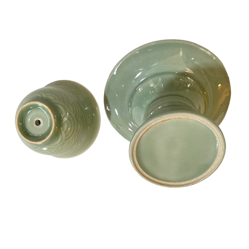 165 - Japanese Celadon dragon incense burner in two pieces, the bowl has a dragon rising above the rim, 15... 