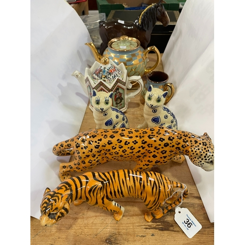 36 - Beswick Tiger and Leopard, Sadler teapot, etc.