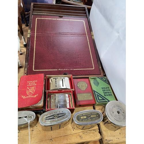 38 - Remy Martin Cognac writing desk, Post Office and Bank money savings boxes, etc.