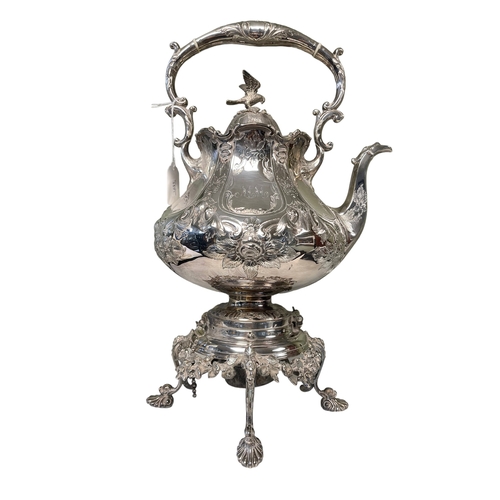 70 - Ornate silver plated spirit kettle on stand, 45cm.