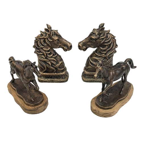 9 - Pair of bronzed horses heads and pair of bronzed horses on wood plinths.