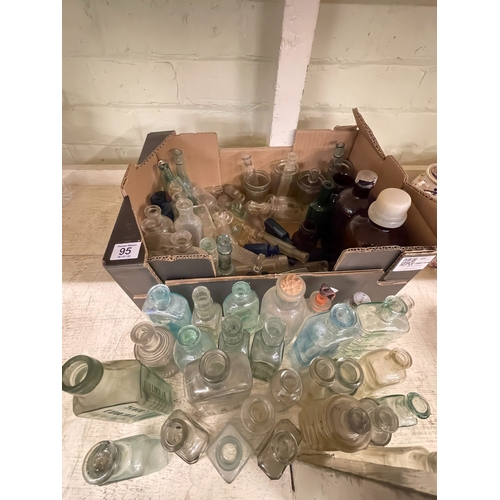 95 - Collection of vintage glass bottles including local interest, chemists syrups, lotions, etc.