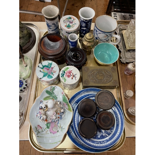 24 - Tray of Oriental including blue and white plates, vases, brass, wooden stands, etc.