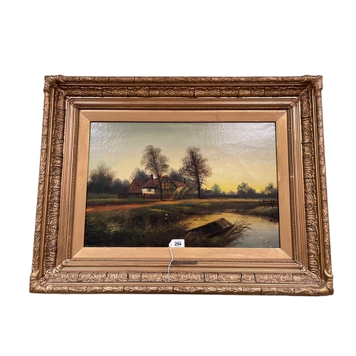 294 - H Cole, Cottage by a Pond at Sunset, 19th Century oil on canvas, signed lower right, 39.5cm by 59.5c... 