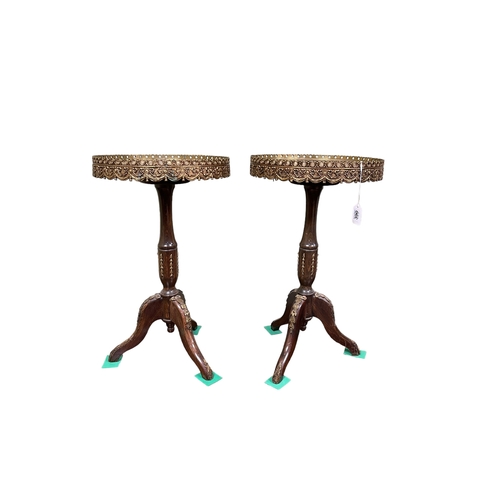 390 - Pair Continental marble topped tripod wine tables, 58cm by 34cm diameter.